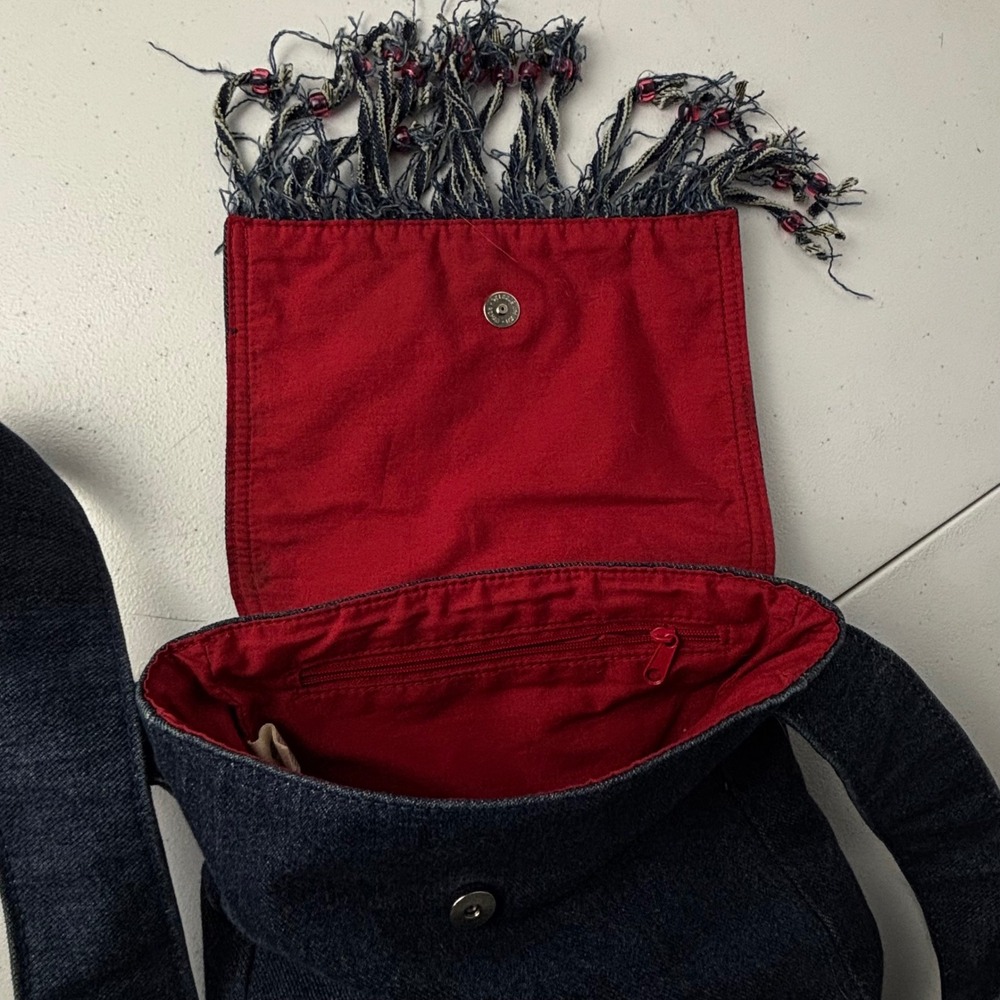 Vtg 2003 Old Navy Denim Crossbody Bag Heart Embroidery Beaded Fringe Y2K McBling - Picture 10 of 12